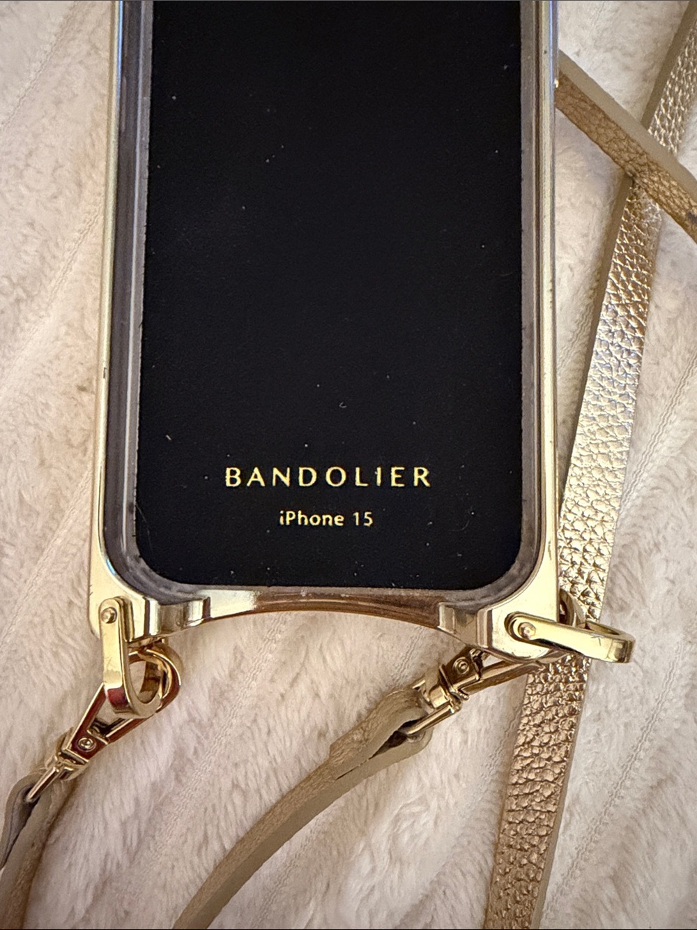 Gold Bandolier iPhone 15 Crossbody Case with gold Trim and leather Strap - Picture 6 of 6